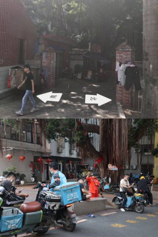 Before and after of public square in Malong Urban Village (Above: Baidu Map Street View; Below: photo taken by Helen Nuo XU)