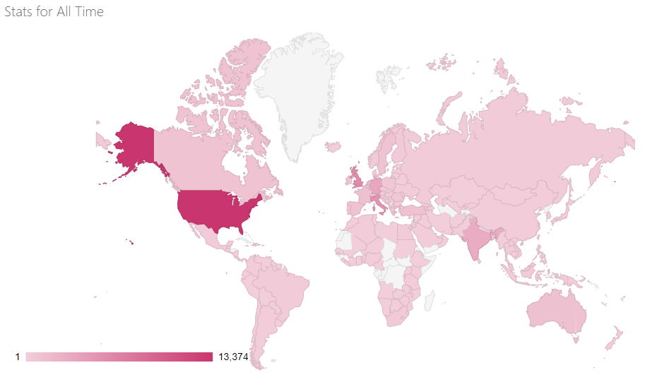 Global map of views per country since the start of the blog in 2014