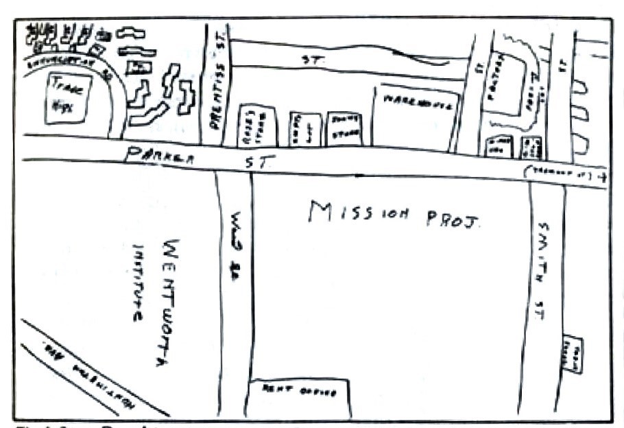 Hand-drawn cognitive map of a neighbourhood in Boston, Massachussets, showing streets and blocks