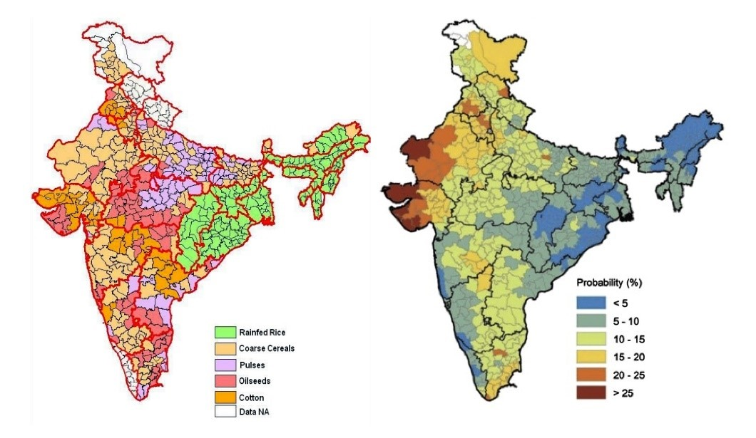 Map displaying Distribution of rain and crops across India