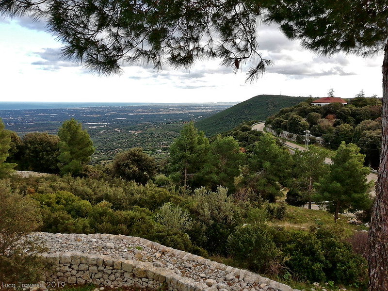 Rural landscape, overlooking from hill with traditional stone wall